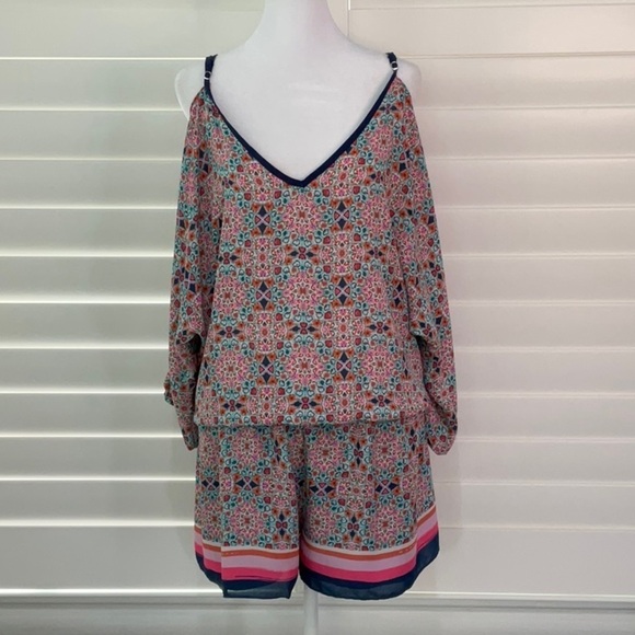Atina Cristina Cold Shoulder Blue and Pink One Piece Shorts Romper | Small - Picture 1 of 8